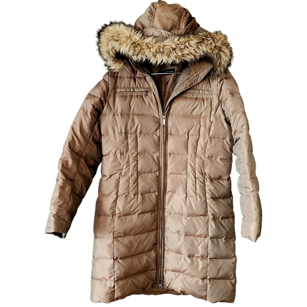 Lands' End Women's M Long Puffer Down Coat Hooded Faux Fur Trim Iridescent Brown